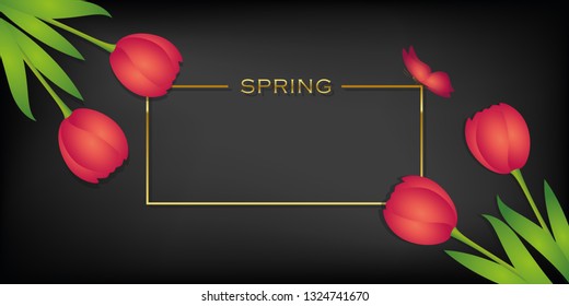 spring design black card with tulips and butterfly vector illustration EPS10
