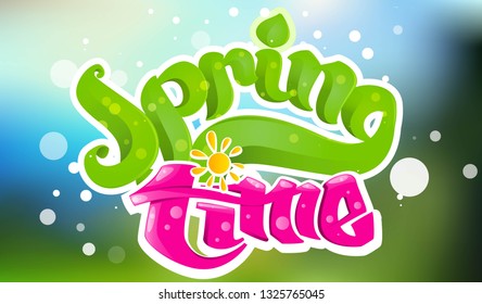 Spring Design. Blur Forest Landscape Background. Hand Drawn Vector Lettering. Spring Time green-pink inscription