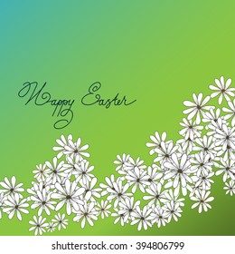 Spring design of card with flowers chamomiles and hand lettering Happy Easter on the green background. vector spring flower banner,spring flower card