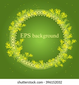 Spring design of card with frame from beautiful sprig of mimosa on the green background. vector spring flower banner, card. Design for International Women Day, March 8, wedding, Easter, holidays