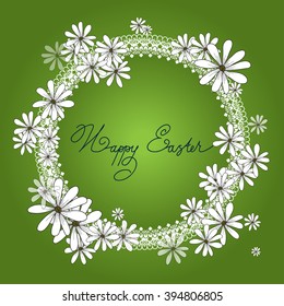 Spring design of circle card with flowers chamomiles and hand lettering Happy Easter on the green background. vector spring flower banner,spring flower card