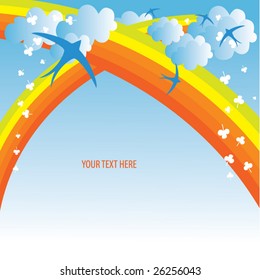 Spring design with clouds, rainbows and birds