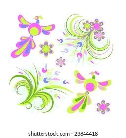 Spring design elements, birds and floral, isolated on white