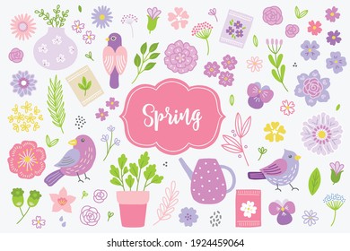 Spring design elements - birds, flowers, seeds, leaves, viola, pot, vase, branches, roses, watering can isolated on white background. Perfect for seasonal greetings, summer card. Vector illustration