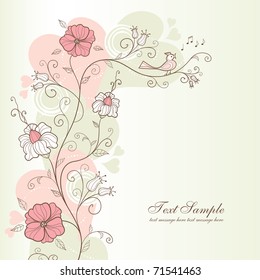 spring design with flowers and a singing bird, vector