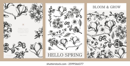 Spring design set, engraved style. Blooming trees hand-drawn vector illustration. Floral frame, book cover, poster design, greeting card. NOT AI generated