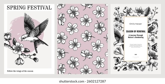 Spring design set, engraved style. Cherry blossom hand-drawn vector illustration. Seamless pattern, floral frame, book cover, greeting card. NOT AI generated