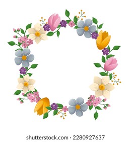 Spring design template with beautiful flowers. Delicate round frame with tulips and daffodils. Vector illustration on white background.