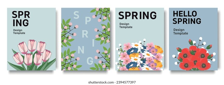 Spring design templates with abstract and floral elements. For poster, greeting and business card, invitation, flyer, banner, brochure, email header, advertising, events and page cover. 
