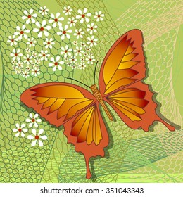 Spring design theme with yellow butterfly on uneven grid with white flowers on light green background, abstract vector illustration
