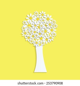 Spring design.Tree with white flowers on a yellow background