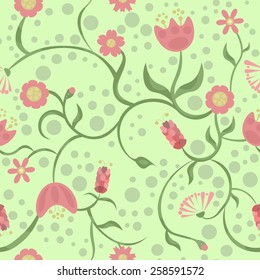 Spring and different pink flowers on a green background