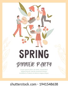 Spring dinner party invitation card or banner backdrop with people and flowers, flat vector illustration. Easter party or spring festive holiday event invitation poster template.