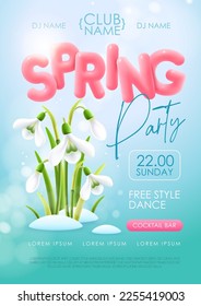 Spring disco party typography poster with realistic full blossom snowdrops and 3d text on blue background. Vector illustration