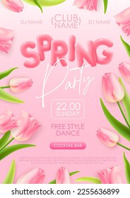 Spring disco party typography poster with realistic full blossom tulips and 3d text on pink background. Vector illustration
