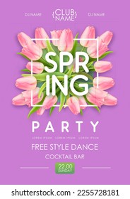 Spring disco party typography poster with realistic full blossom tulips and 3d text on purple background. Vector illustration