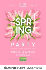 Spring disco party typography poster with realistic full blossom tulips and 3d text on pink background. Vector illustration