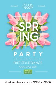 Spring disco party typography poster with realistic full blossom tulips and 3d text on blue background. Vector illustration