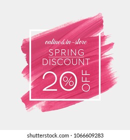 Spring Discount 20% off sign over watercolor art brush stroke paint abstract background vector illustration. Perfect acrylic design for a shop and sale banners.