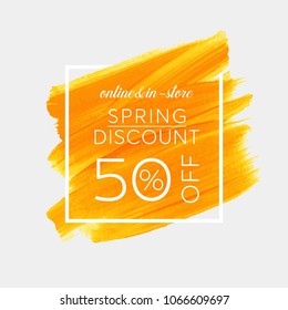 Spring Discount 50% off sign over watercolor art brush stroke paint abstract background vector illustration. Perfect acrylic design for a shop and sale banners.