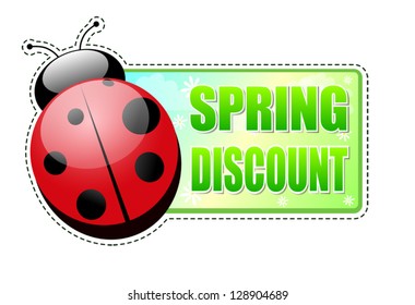 spring discount banner - text in green label with red ladybird and white flowers, business concept, vector
