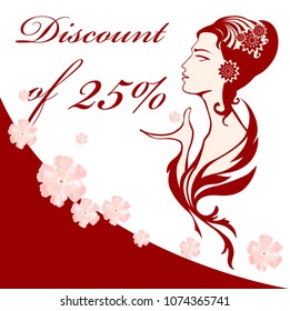 
Spring discount. Female silhouette in vector with pink flowers.