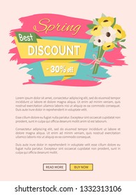 Spring discount, promotion and special offer online. Webpage decorated by bouquet of yellow daisies, colorful label with flavor, best price vector