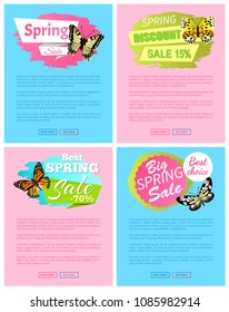 Spring discount sale 15% off emblems on posters with butterflies with black dots, butterfly springtime vector illustration promo stickers web banners