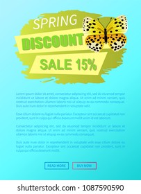 Spring discount sale 15% off emblem butterfly of yellow color with black dots, springtime creature vector online web poster push button