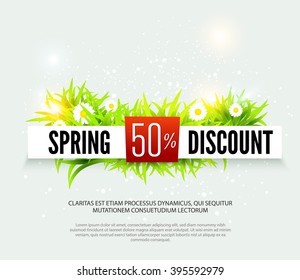 Spring discount. Sale background with grass and chamomile flowers. Vector illustration