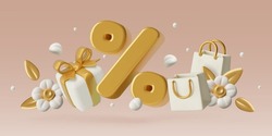 Spring Discount And Sale Peach Fuzz Background With Big 3d Percent Sign, White Flowers, Shopping Bags And Gift Box. Realistic Three Dimensional Horizontal Shopping Banner Concept.