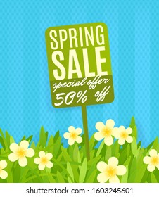Spring discount sign standing on the lawn.Vector illustration