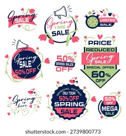 Spring discount vector badge in pastel style illustration. Green and pink colors. Floral offer and leaf promotion create fresh savings look. Ideal for spring promo banners.