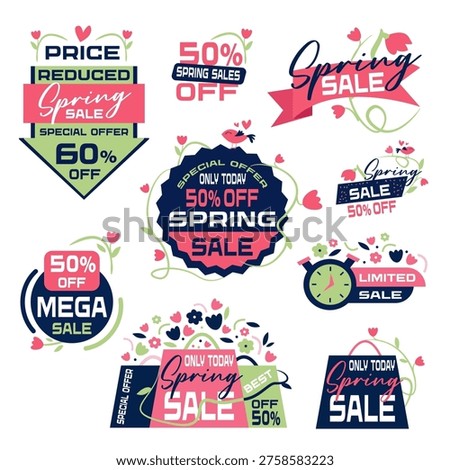 Spring discount vector badge in pastel style illustration. Green and pink colors. Floral offer and leaf promotion create fresh savings look. Ideal for spring promo banners.