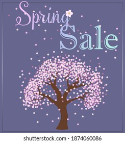 Spring discounts. Concept with spring blooming cherry tree. Small pink flowers. Vector illustration