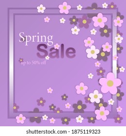 Spring discounts, signature on a purple background. Spring small flowers, cherry flowers. Discounts up to 50 percent. Vector illustration
