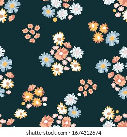 Spring ditsy pattern. Trendy fabric pattern with miniature flowers. Botanical seamless print with different floral elements. Vintage textile collection.