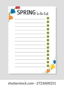Spring To Do List com padrão de flores coloridas. Modelo para impressão, planejador, diário, compras, organizador, lista de verificação, notas.