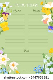 Spring to do list planner, schedule with viola, myosotis and daffodil flowers on green background. Floral cute Vector Illustration