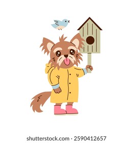 Spring Dog with Birdhouse. Hand drawn flat Yorkshire Terrier in  raincoat and rubber boots holding nesting box with flying bird. Springtime season pet vector illustration