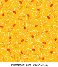 Spring Dogwood line flower vector seamless pattern. Cornus florida. Line art drawing. Yellow floral background