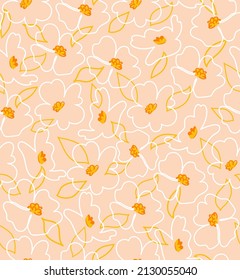 Spring Dogwood Line Flower Vector Seamless Pattern. Cornus Florida. Line Art Drawing. Beige Floral Background