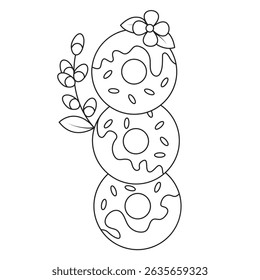 Spring donuts kawaii coloring page with flower and a sprig of willow. For antistress colouring book, for cafe and restaurant menus. Black and white vector illustration. Hand-drawn, not AI.
