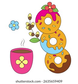 Spring donuts kawaii with a cup of tea or coffee, flowers and a sprig of willow. For food design, for cafe and restaurant menu.
Vector illustration. Hand-drawn, not AI.