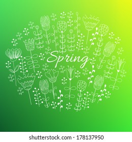 Spring doodle background. Cute flowers on bright green background. Vector design.  