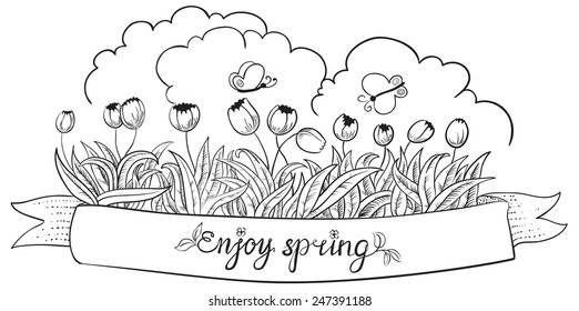 Spring doodle banner with tulips and butterfly