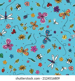 Spring Doodle Bugs Vector Pattern. Super cute illustrated bugs and flowers scattered across a bright, blue background. 