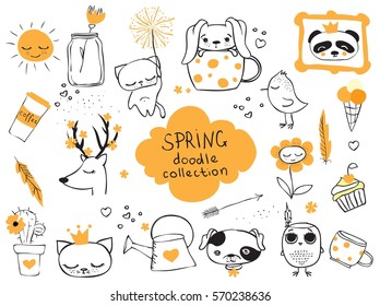 Spring doodle collection. Simple design of cute animals, birds, flowers and other design elements perfect for kid's card, banners, stickers and other kid's things