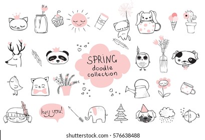 Spring doodle collection. Simple design of cute animals, birds, flowers and other design elements perfect for kid's card, banners, stickers and other kid's things.