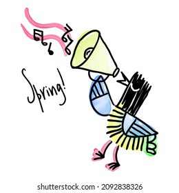 Primavera. Doodle, Crazy y Dunny Bird con el altavoz. Ilustración de color de agua de seguimiento